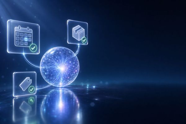 AI agent completing tasks: a booked calendar slot, an updated order, and a resolved support ticket