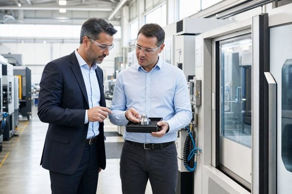 Manufacturing sales engineer discussing a machined component with a procurement visitor on the factory floor