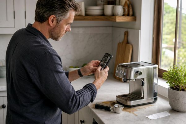 Customer photographing a leaking espresso machine to show the problem in a support email