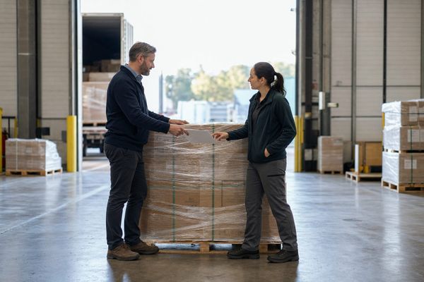 Freight representative and warehouse customer reviewing a pallet before a logistics quote handoff