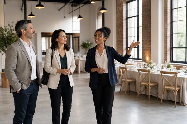 Event planner welcoming two prospective corporate clients into a prepared venue