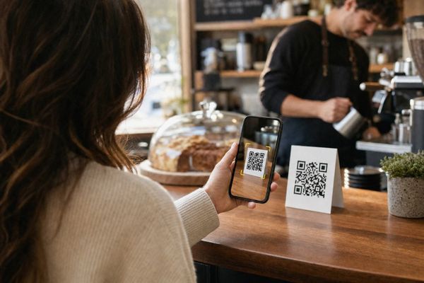 Customer scanning a QR code table card with her phone camera at a coffee shop counter