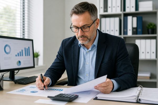 Accountant reviewing financial reports at a desk in a professional office
