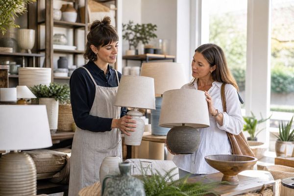 Shop assistant helping a customer compare table lamps in an independent homewares store