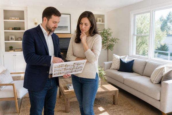 Real estate agent and homeowner reviewing property photographs in a bright living room