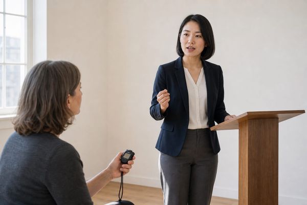Leadership coach timing a client's presentation rehearsal in a bright training room