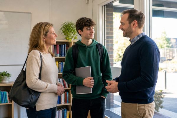 Tutor welcoming a parent and student at a bright tutoring centre