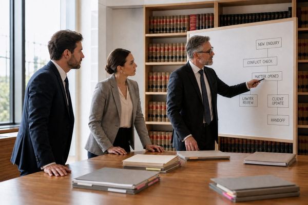 Law firm team mapping a legal matter workflow from enquiry to governed handoff