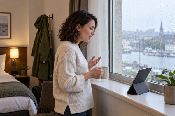 Hotel guest speaking to a tablet while planning an outing in rainy weather