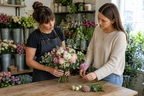 Florist and wedding client refining a sample bouquet together