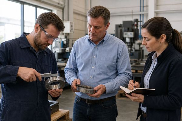 Sales engineer measuring a buyer's metal component while the requirement is recorded
