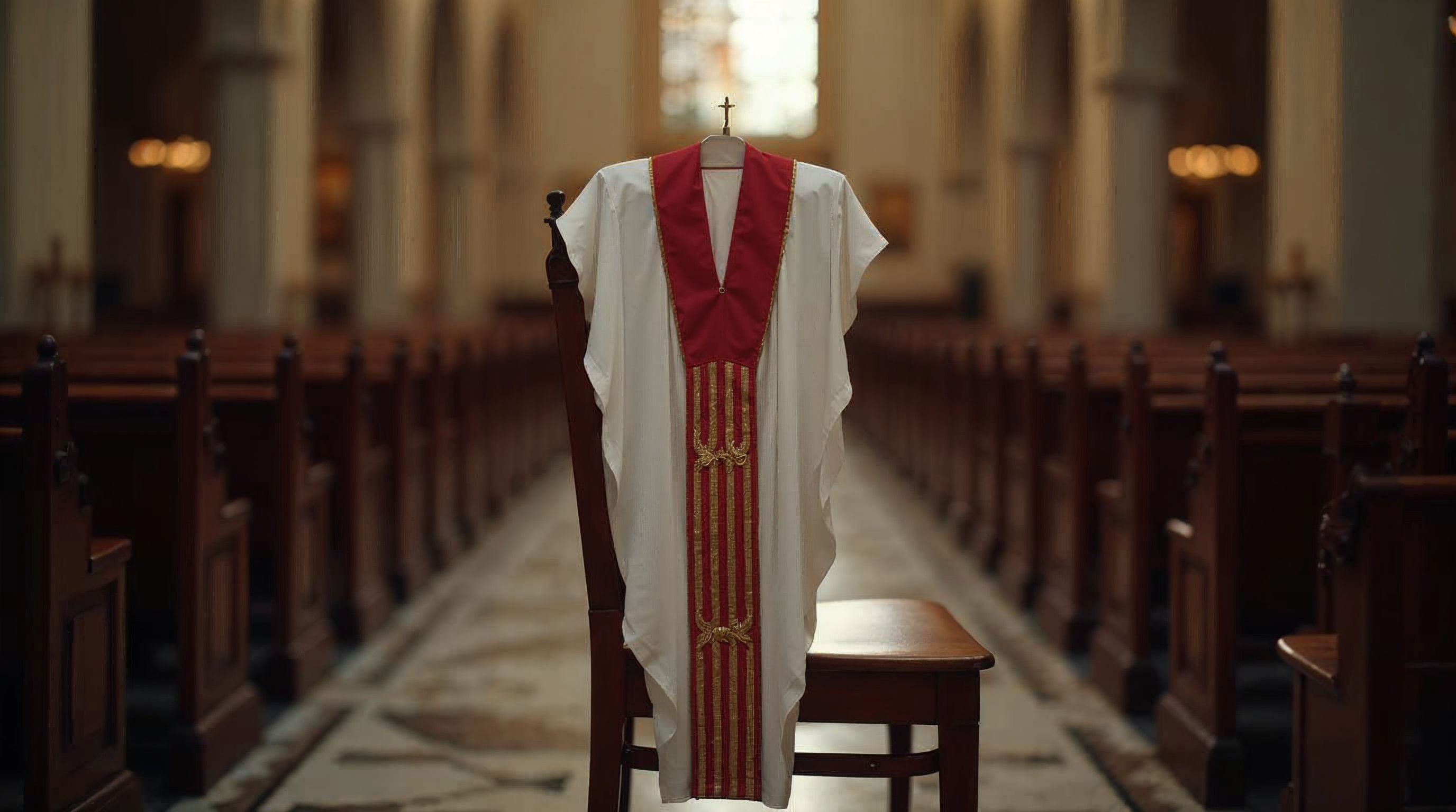 empty Catholic priest collar and vestments on a wooden chair in an Italian churc