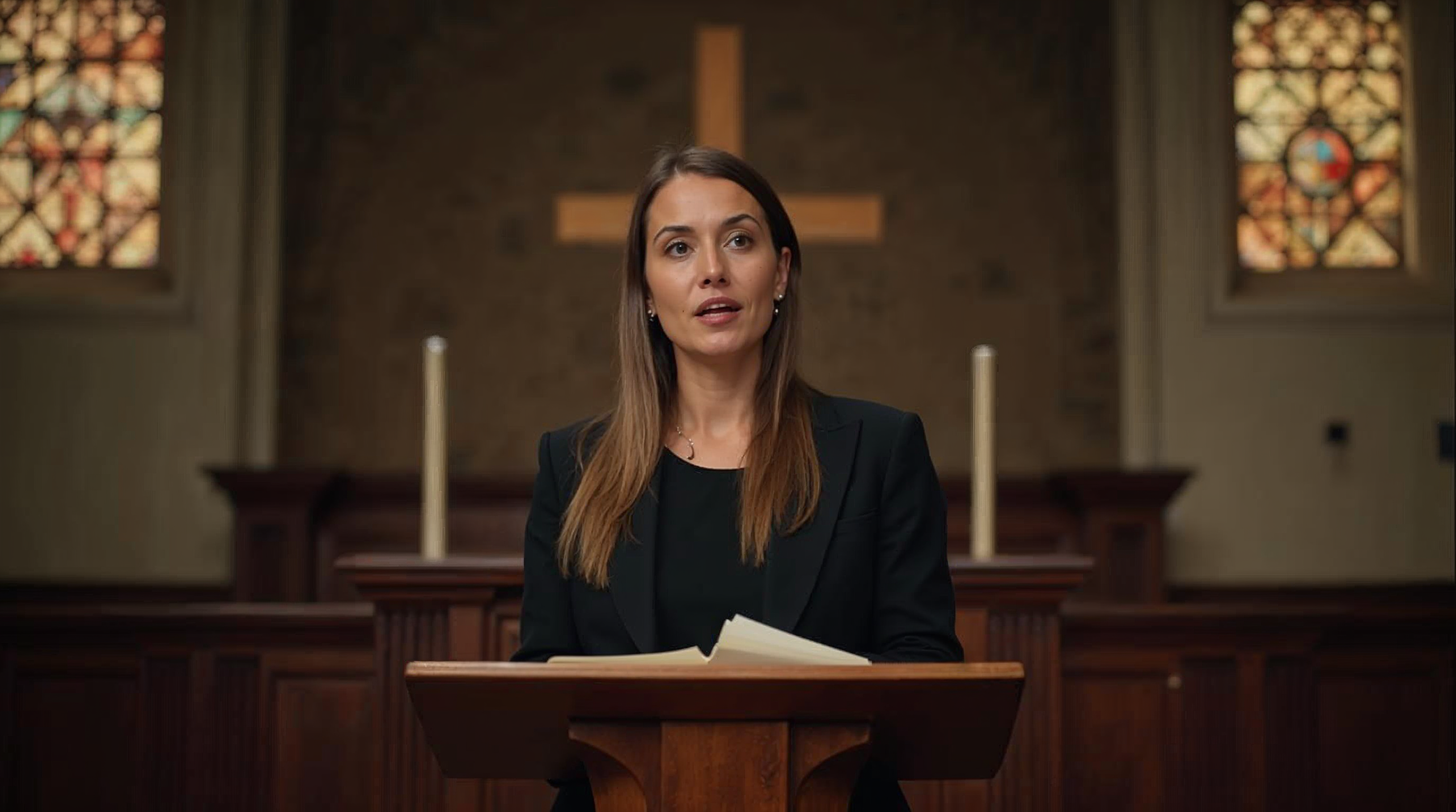 woman speaking at a formal church podium with Anglican cross behind her, ceremon