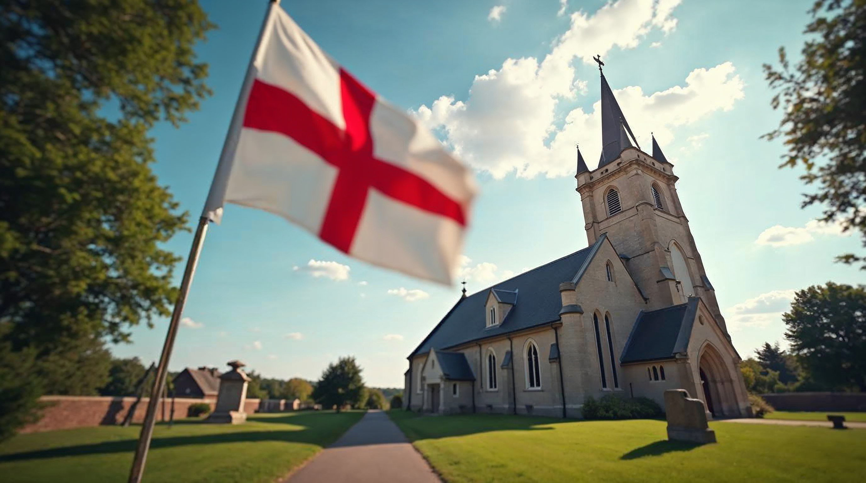 St George Cross flag waving above a traditional English parish church on a sunny