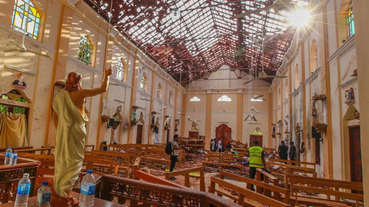 Aftermath of the 2019 Easter Sunday bombings at St Anthonys Shrine in Colombo Sri Lanka showing blast debris and emergency response