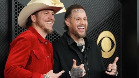 Brandon Lake and Jelly Roll at the 2026 Grammy Awards after winning for Hard Fought Hallelujah