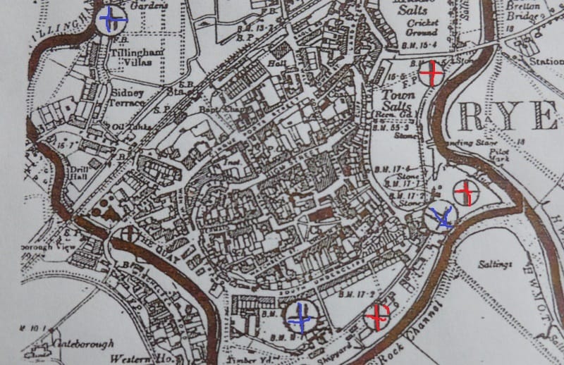Rye's defensive ring in 1940: artillery batteries are in blue and pill boxes are in red