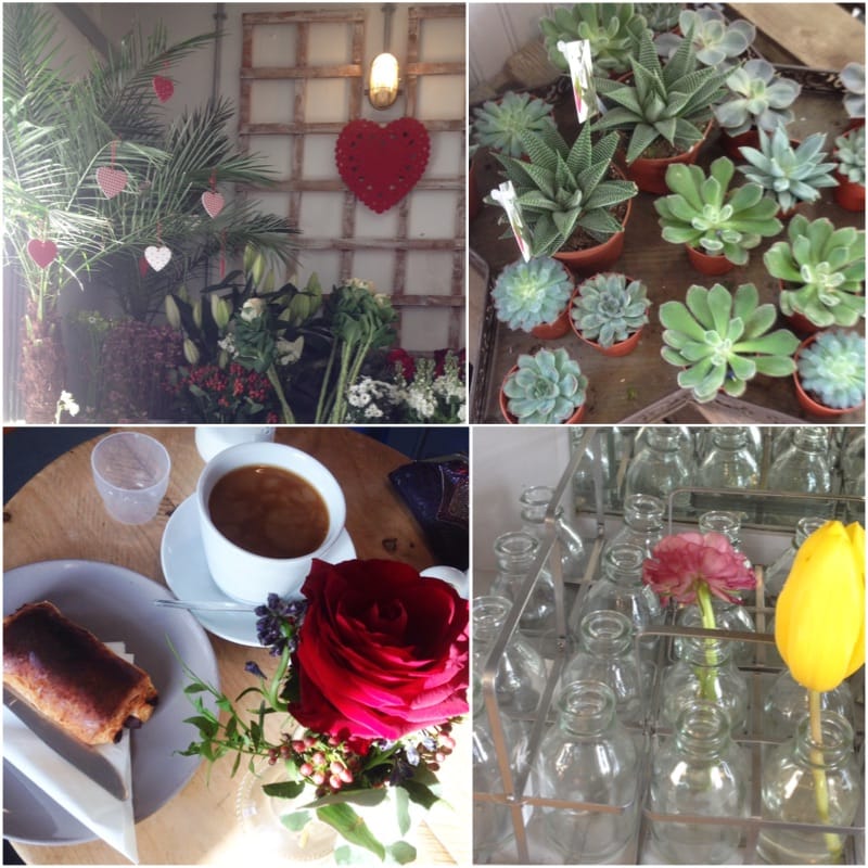 Coffee, roses, tulips in mini milk bottles and succulents in a star shape