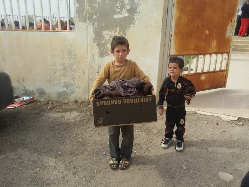 Children with one of the banana boxes sent as part of Samara's appeal