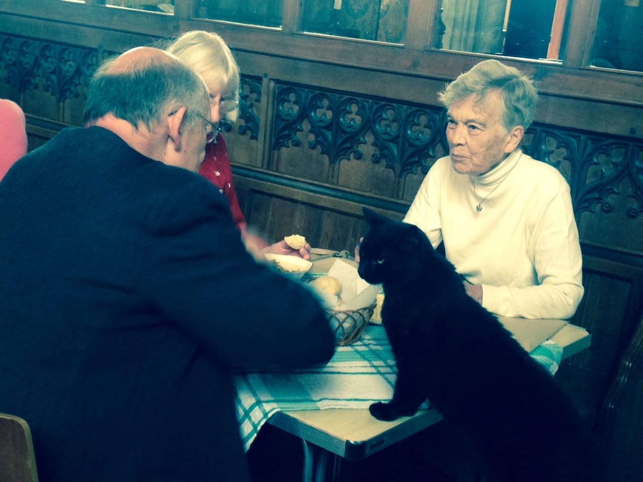 Sylvester Frost, the church cat, samples a home made suasage roll