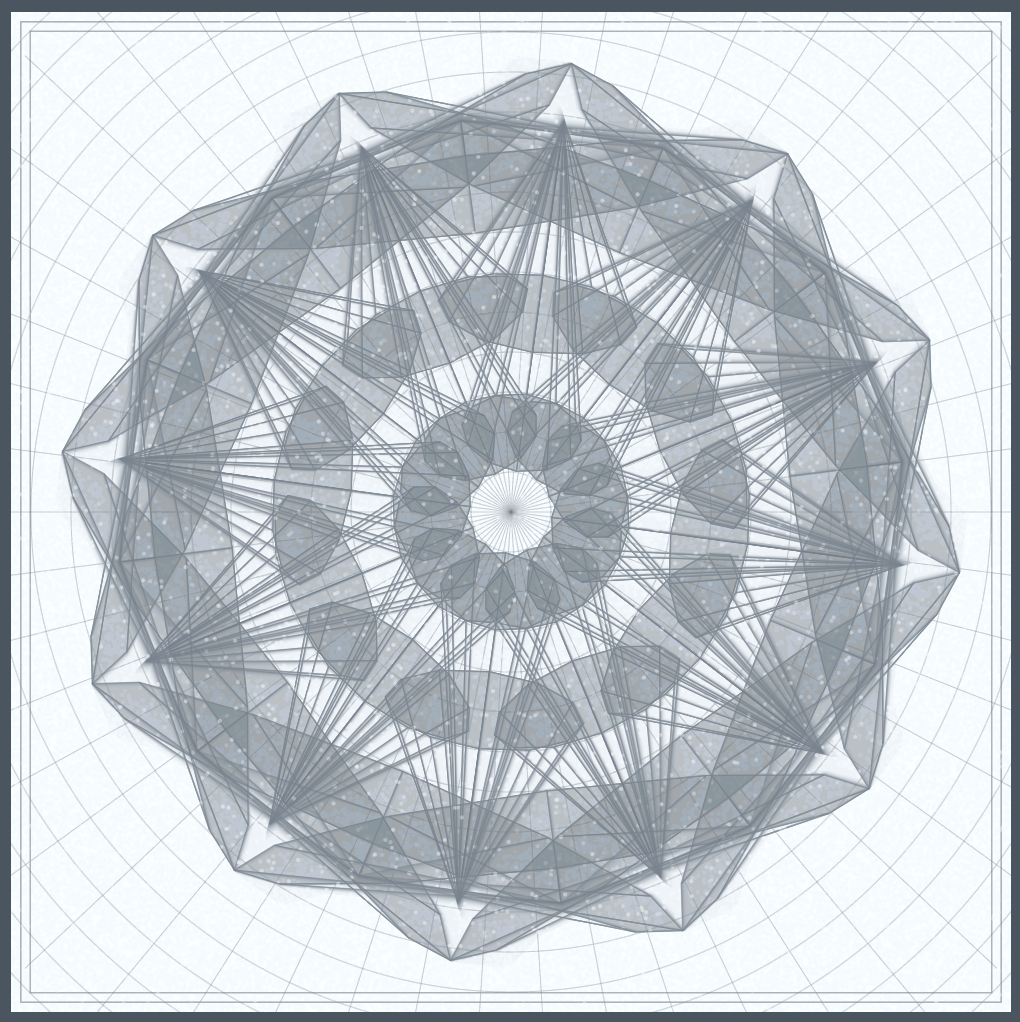 a radial graph with stellated polygons symmetrically rotated to make a mandala - the grow and shrink dancing with a slow blur and a staticky feel to the canvas.