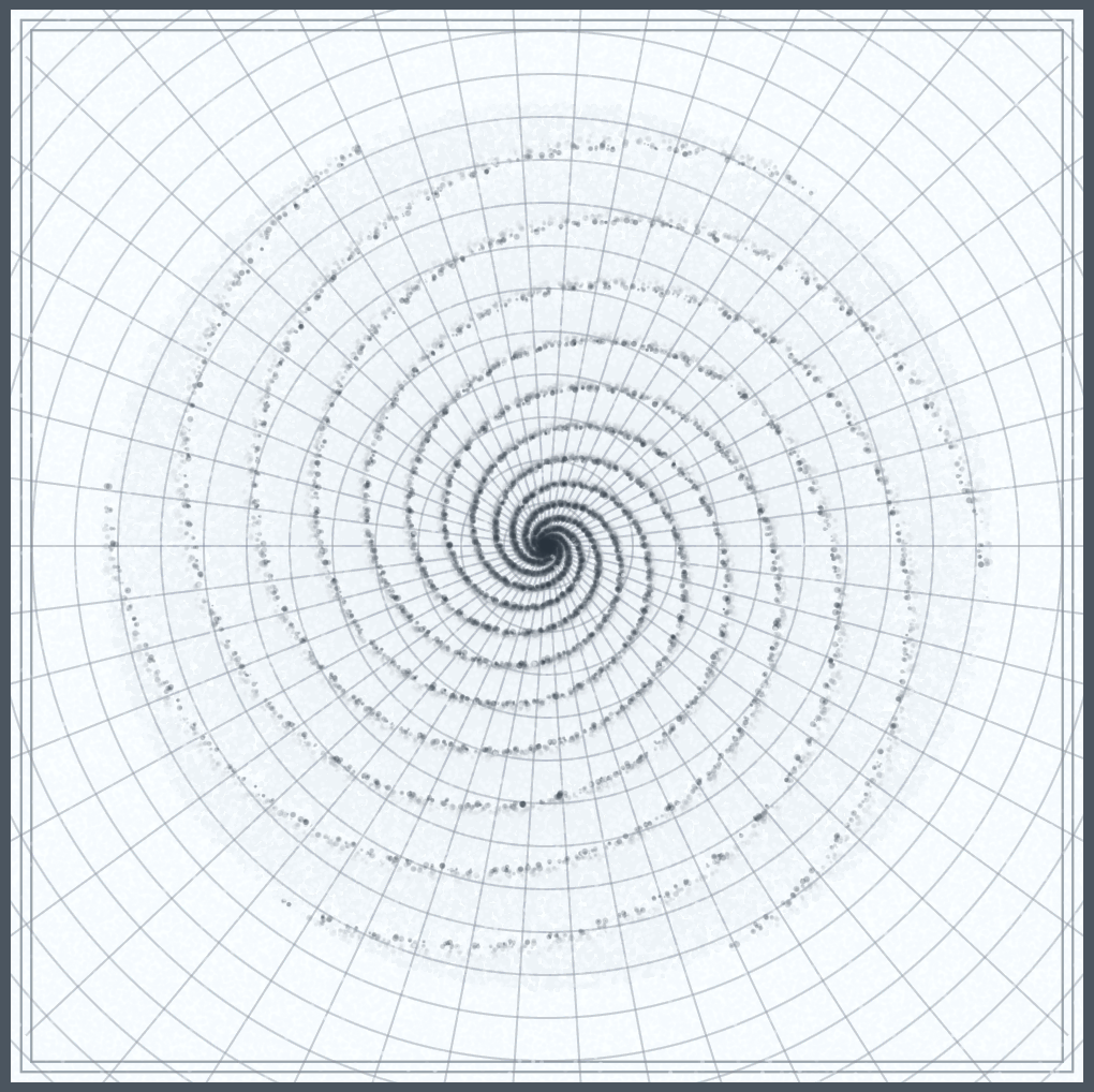Staticky radial graph paper with spirals made of random dots that spin almost looking galactic
