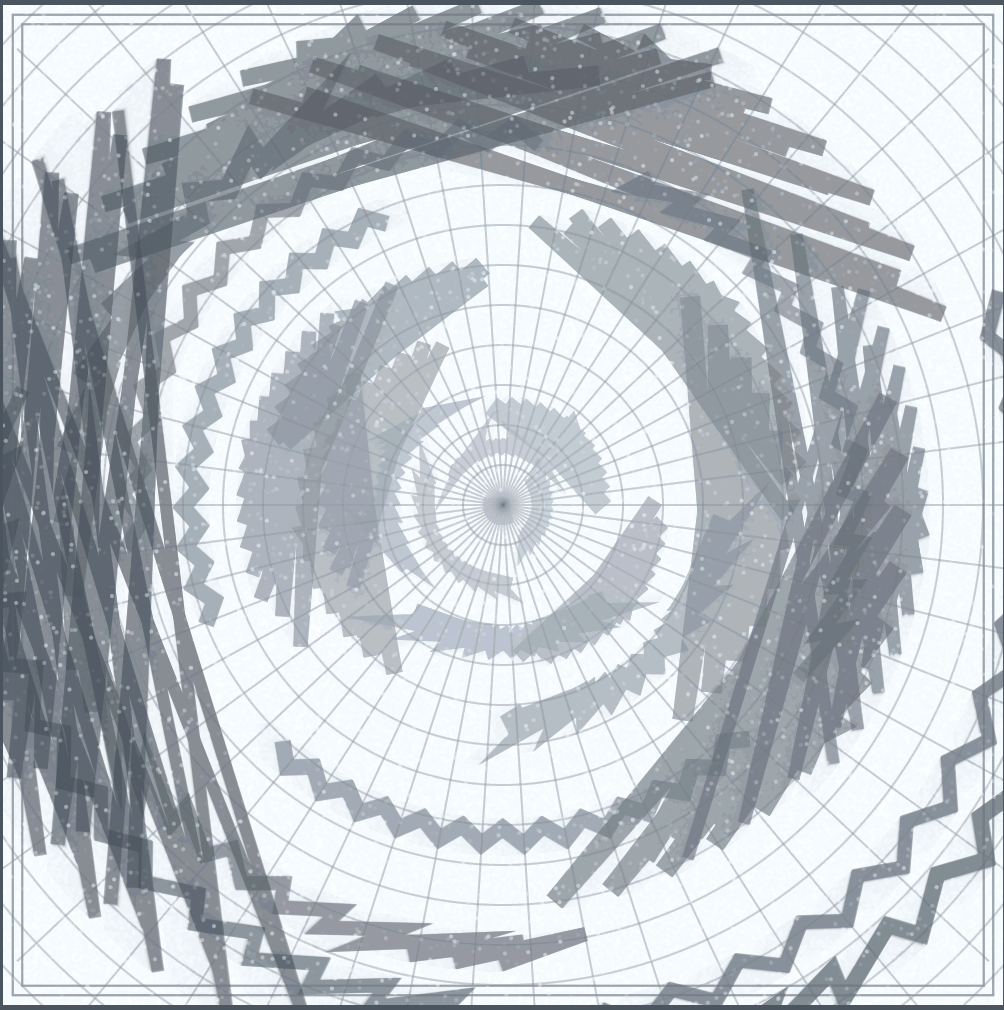 arcs of sawtooth and scribbly curves drawn on radial graph paper with larger arcs at the edges and smaller towards the center. The sketch is staticky and with greys and whites.