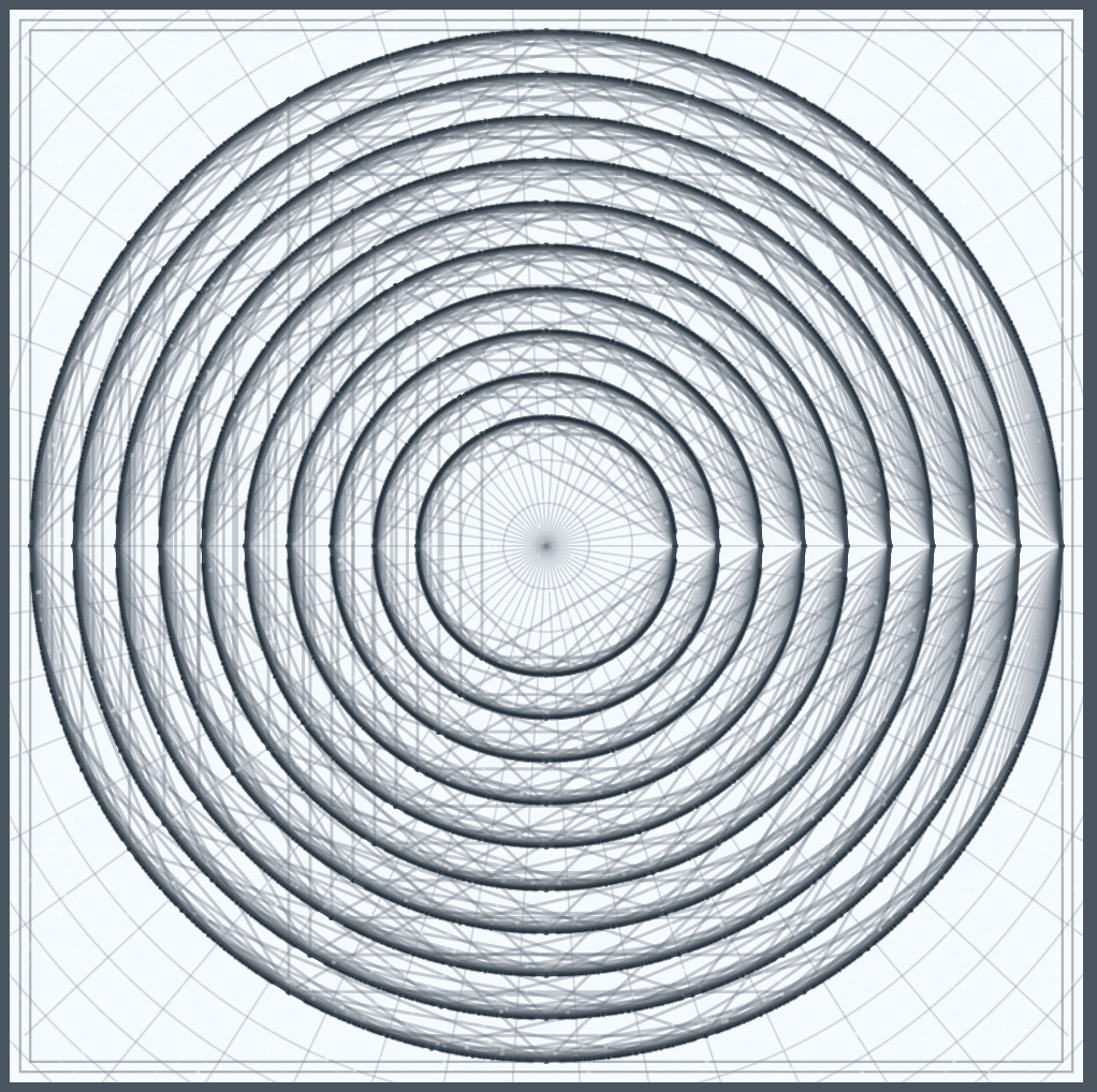Polygons nested starting with triangles, and then squares, petntagons, etc. all drawn on top of each other so that they slowly start to look like concentric circles. Drawn on staticky radial graph paper.