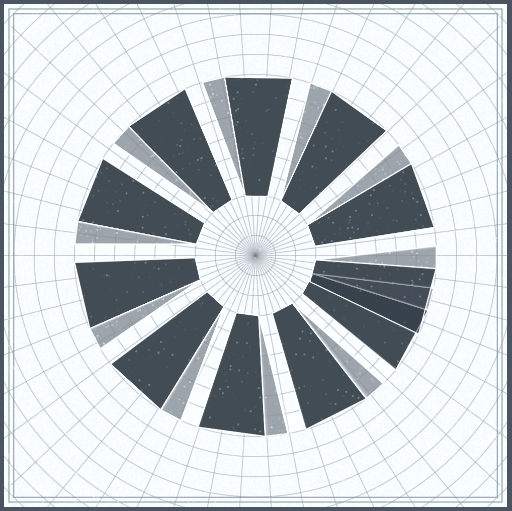 wedges drawn around a circle that fall into each other as they rotate. Drawn on staticky radial graph paper in grey tones.