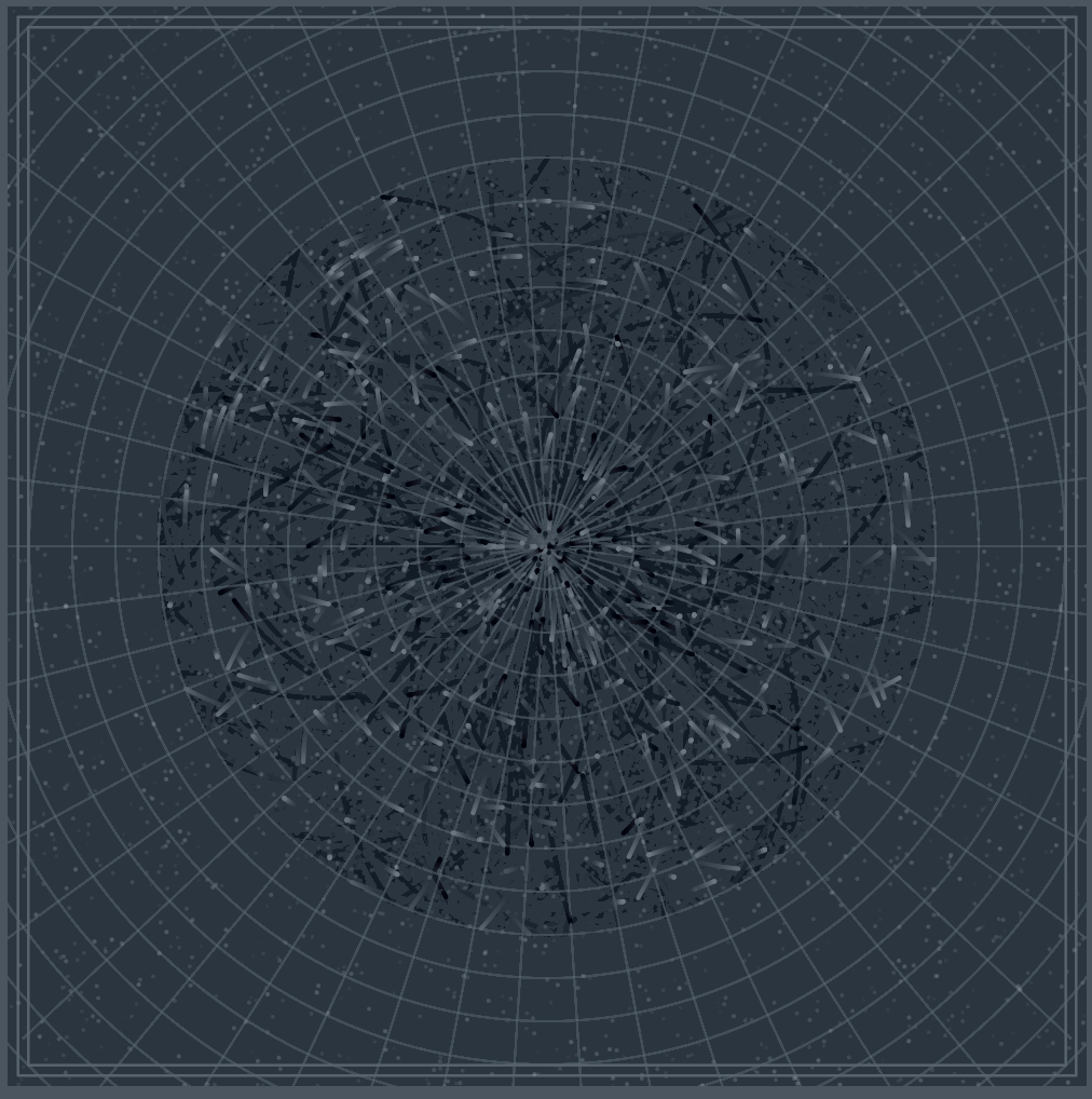 Dark mode of radial graph paper with lines of dark and light shooting from different angles and sometimes as arcs with starry static.
