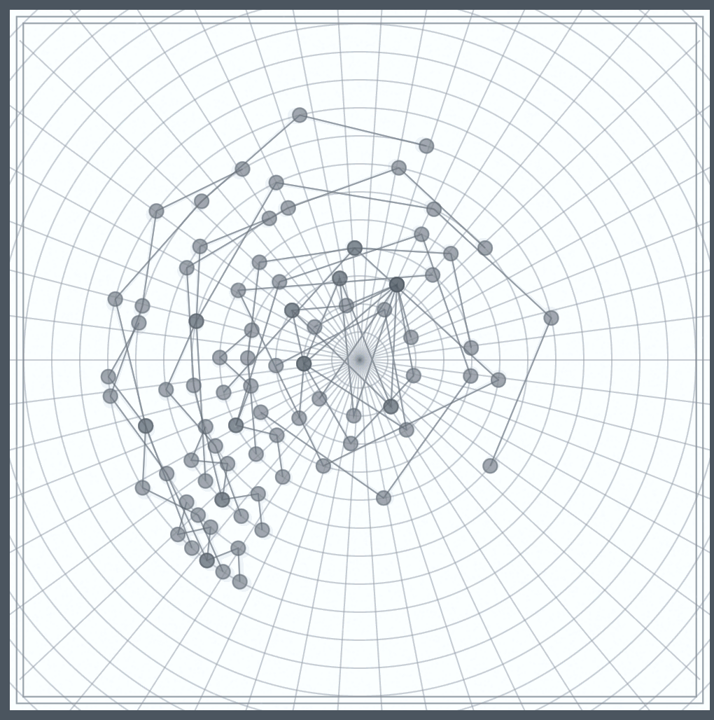 Zigzags of 6 nodes drawn along arcs on radial graph paper weighted to the upper left with circles on the nodes and lines between.