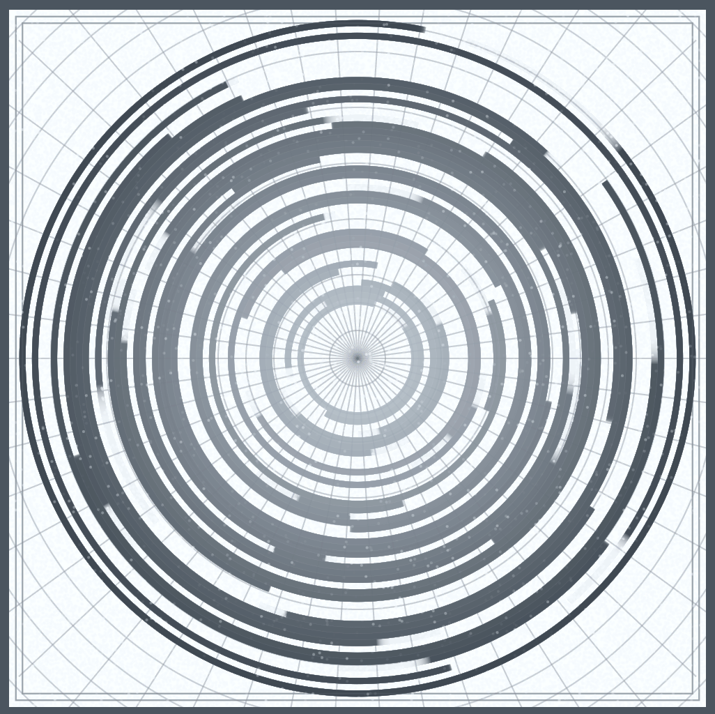 A static set of arcs on radial graph paper drawn with this lines to almost look like a cryptic dial, locking mechanism, or tunnel.