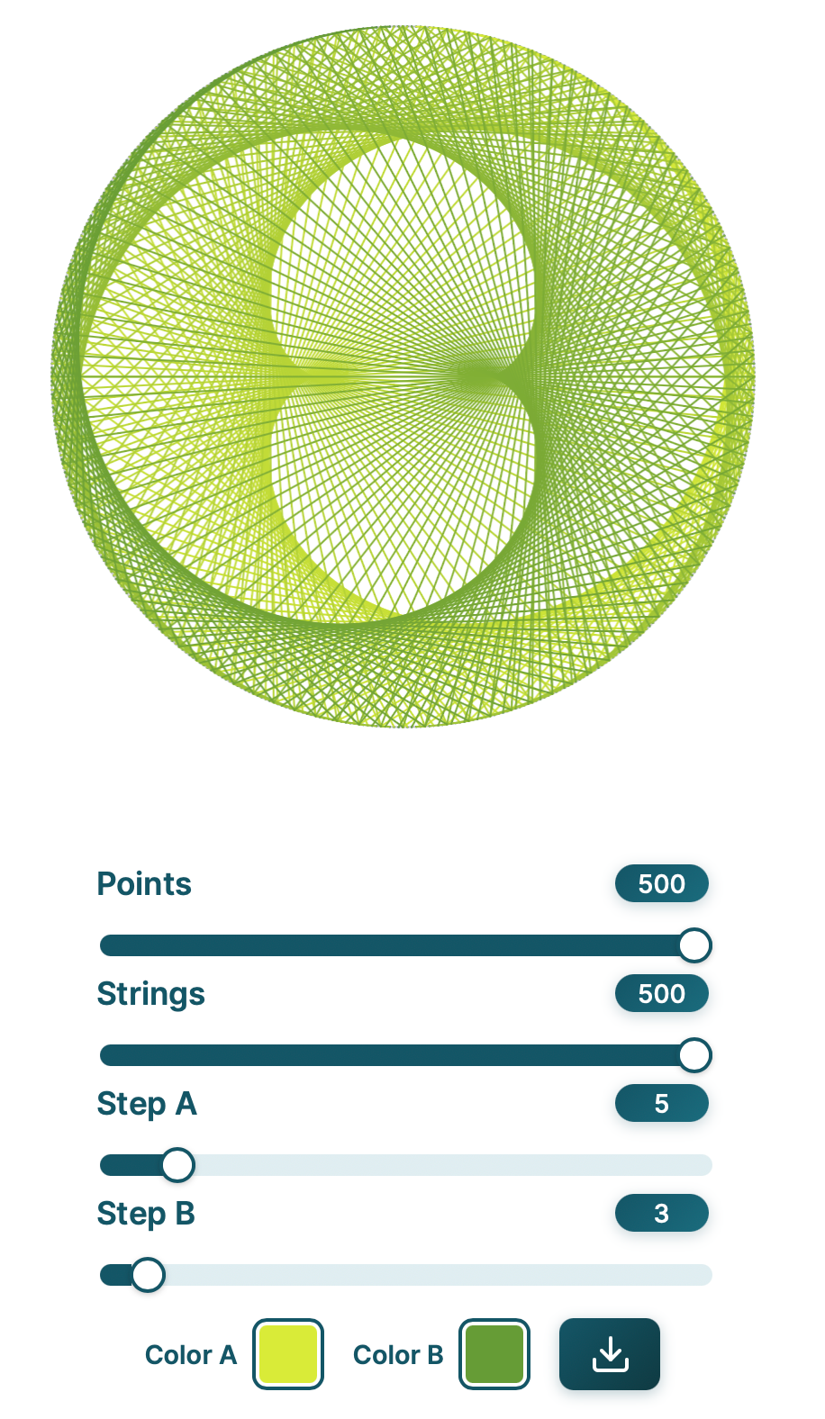 string art with two shades of greens for the strings with reflective cardioid-like structure