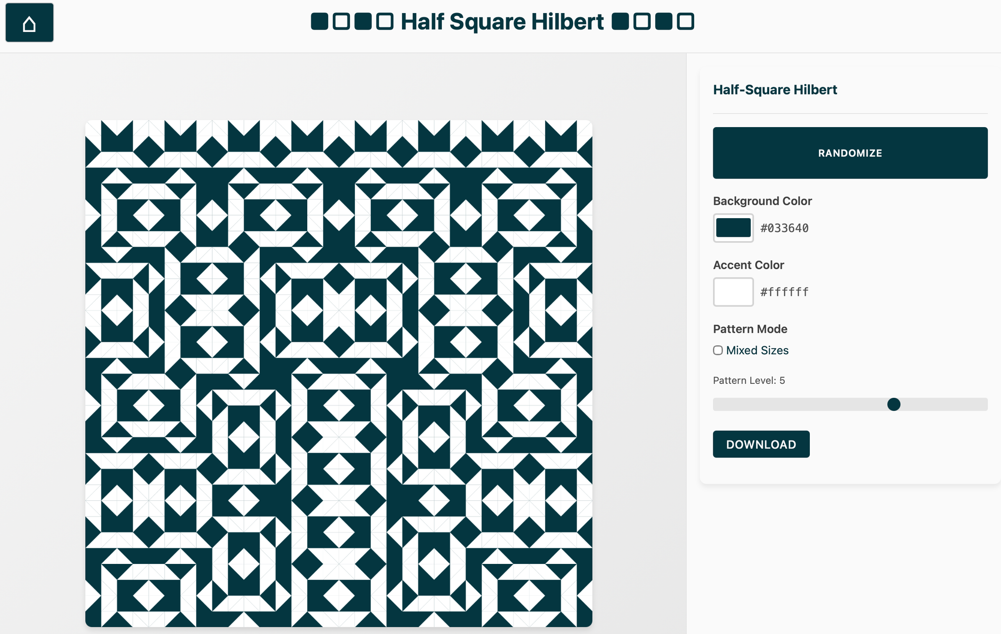 Screenshot of the Half-Square Hilbert page showing a hilbert curve similar quilt with white and dark blue-green half-square triangles and controls on the right to change the level and colors of the pattern or download it. 