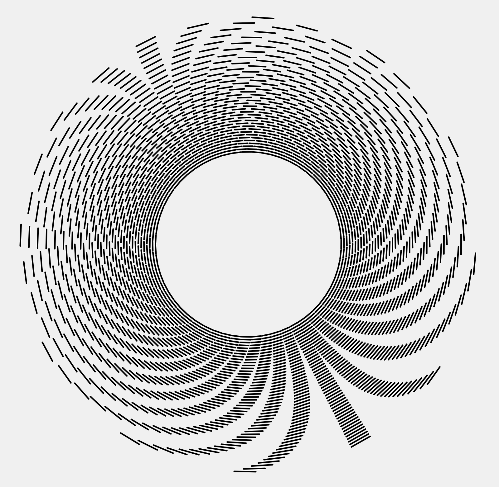 dashed lines in a circle that make a pattern that almost looks like a stem and then curving lines of parallels stitches forming a circle. the center has nothing in it. 