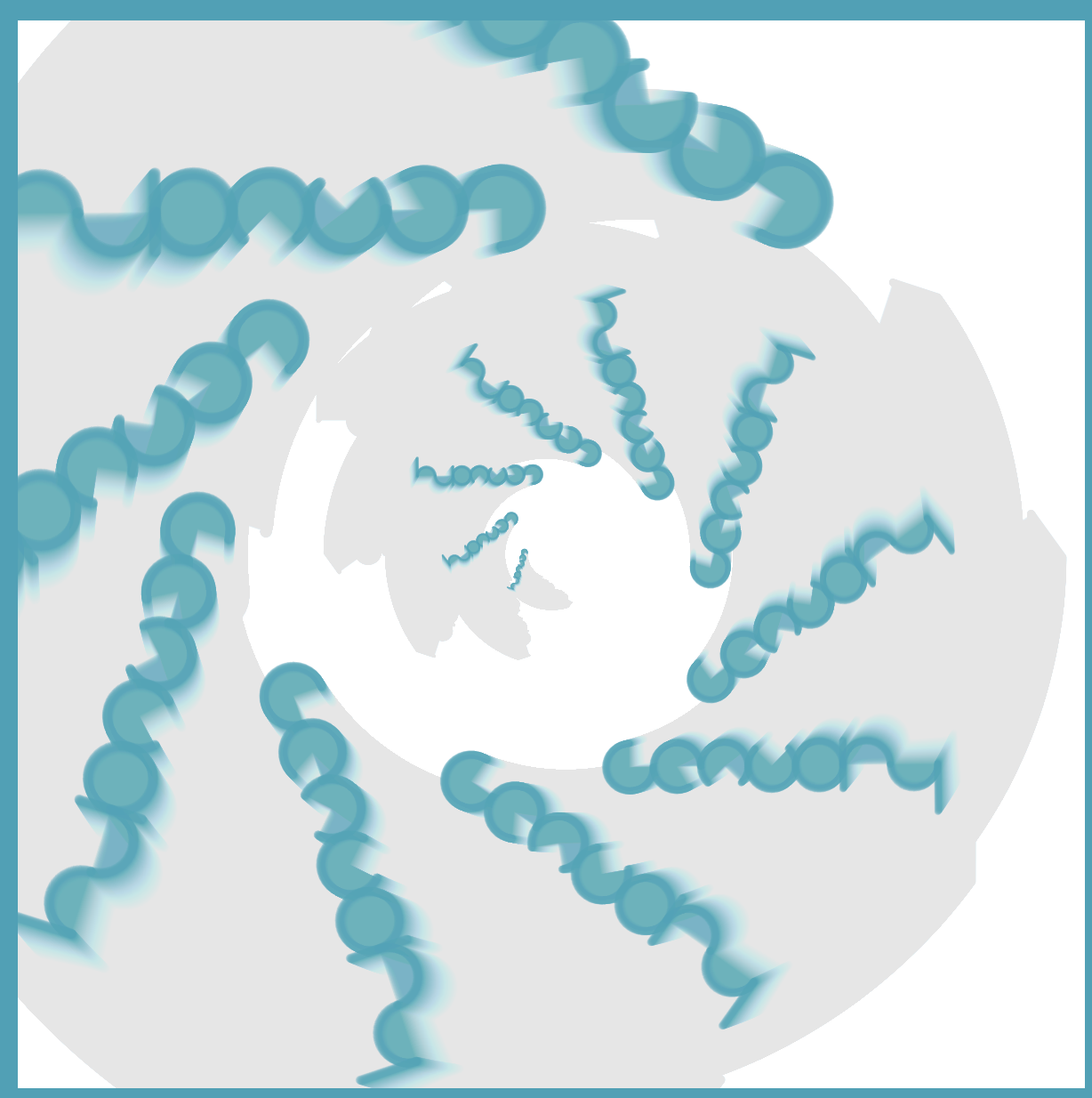 blurred spiral of genuary written with teal arcs