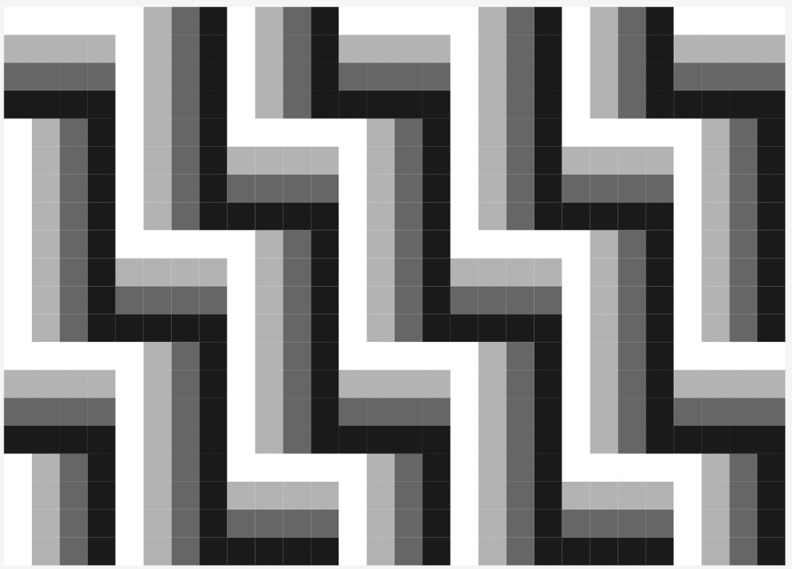 a stepping stripe patter of black, greys and white colors