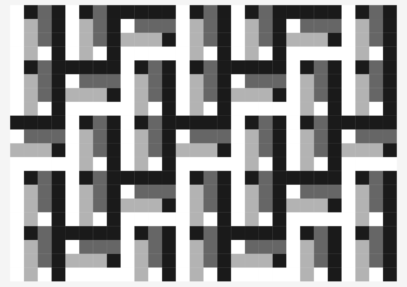 a pattern that forms a herring bone, stairs, or woven like pattern with longer lines of black and white and smaller grey pieces.
