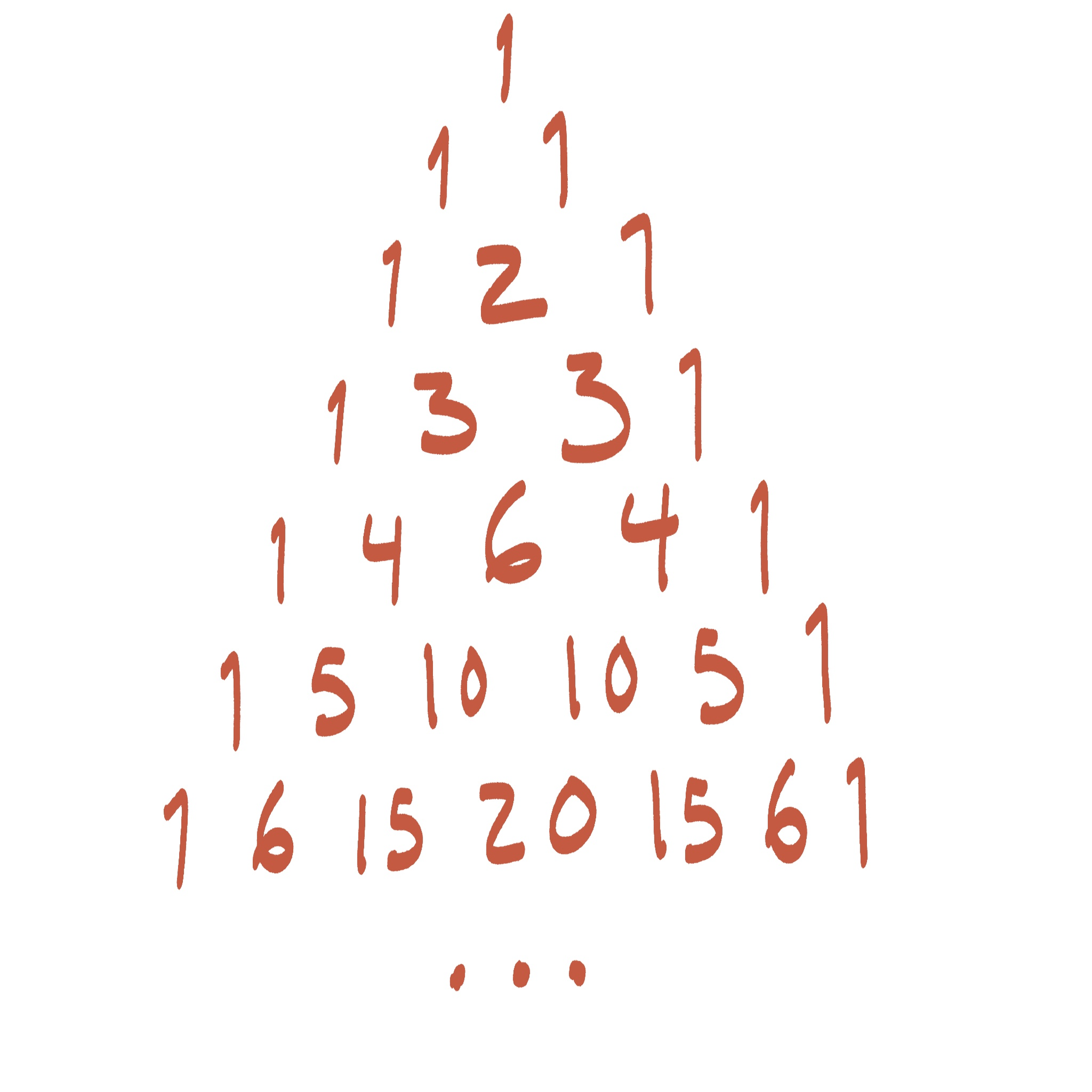Pascal's Triangle hand written in autumn orange lettering for the first 7 rows with three dots at the bottom. 