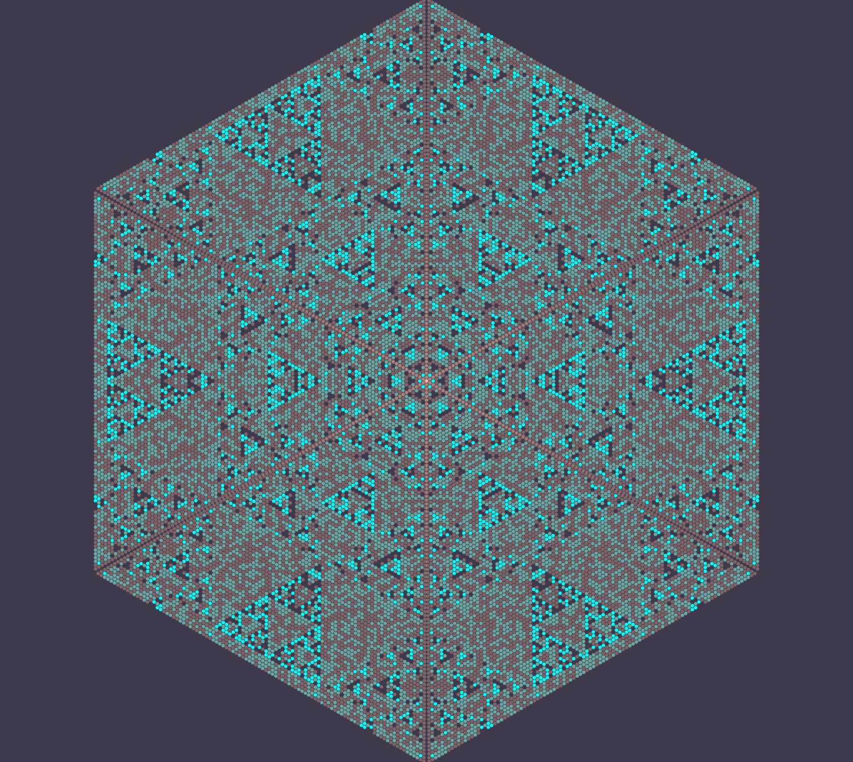 A dark purple background with a hexagon showing faint patterns of sierpinsky triangles and other patterning with what feels like noise. the colors are dark pinks and light teals throughout.
