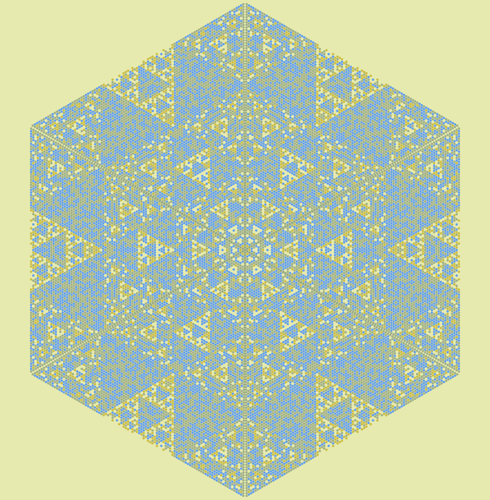 On a light yellow background, a hexagon with blue and yellow and browns mixed with Sierpinski-like triangles arranged throughout.