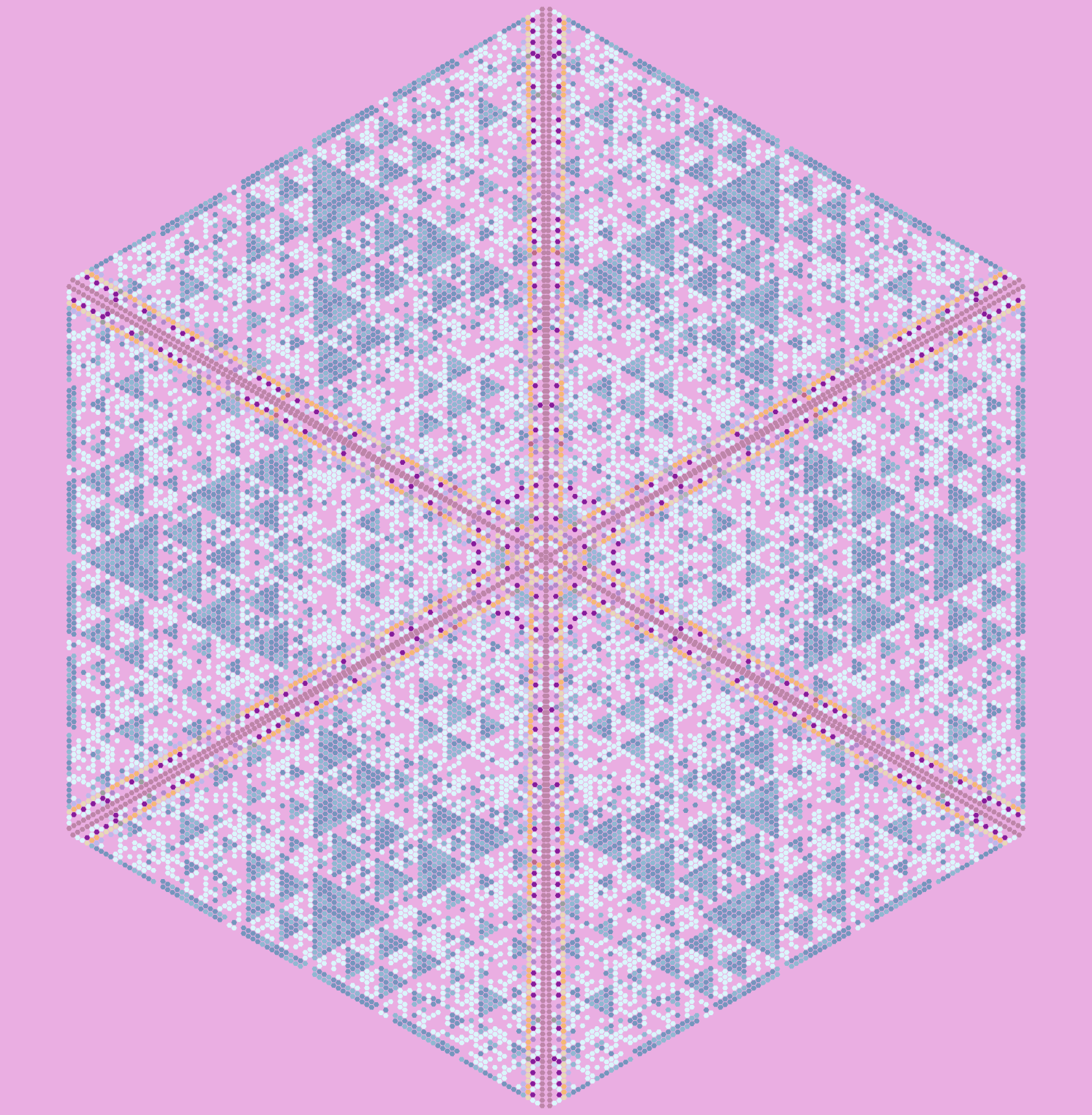 on a pink background, light patterns, then darker triangle overlays all pointing to the edges of a hexagon with symmetry. the lines from the center to vertices are dotted with darker pinks and oranges. 