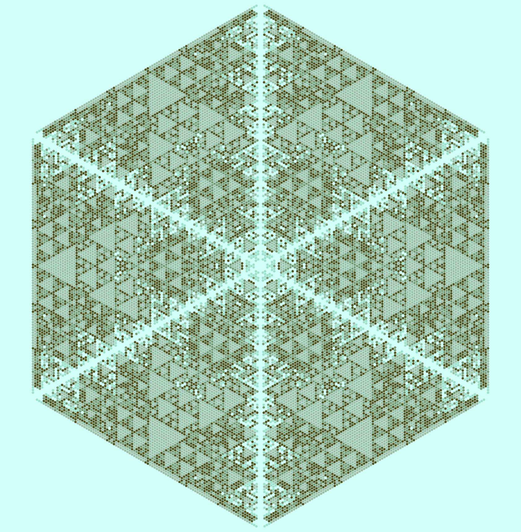 light blue-green background with green triangle patterns in the hexagon throughout all pointing to the edges with symmetry. there is negative space on the lines going from the center to the vertices.