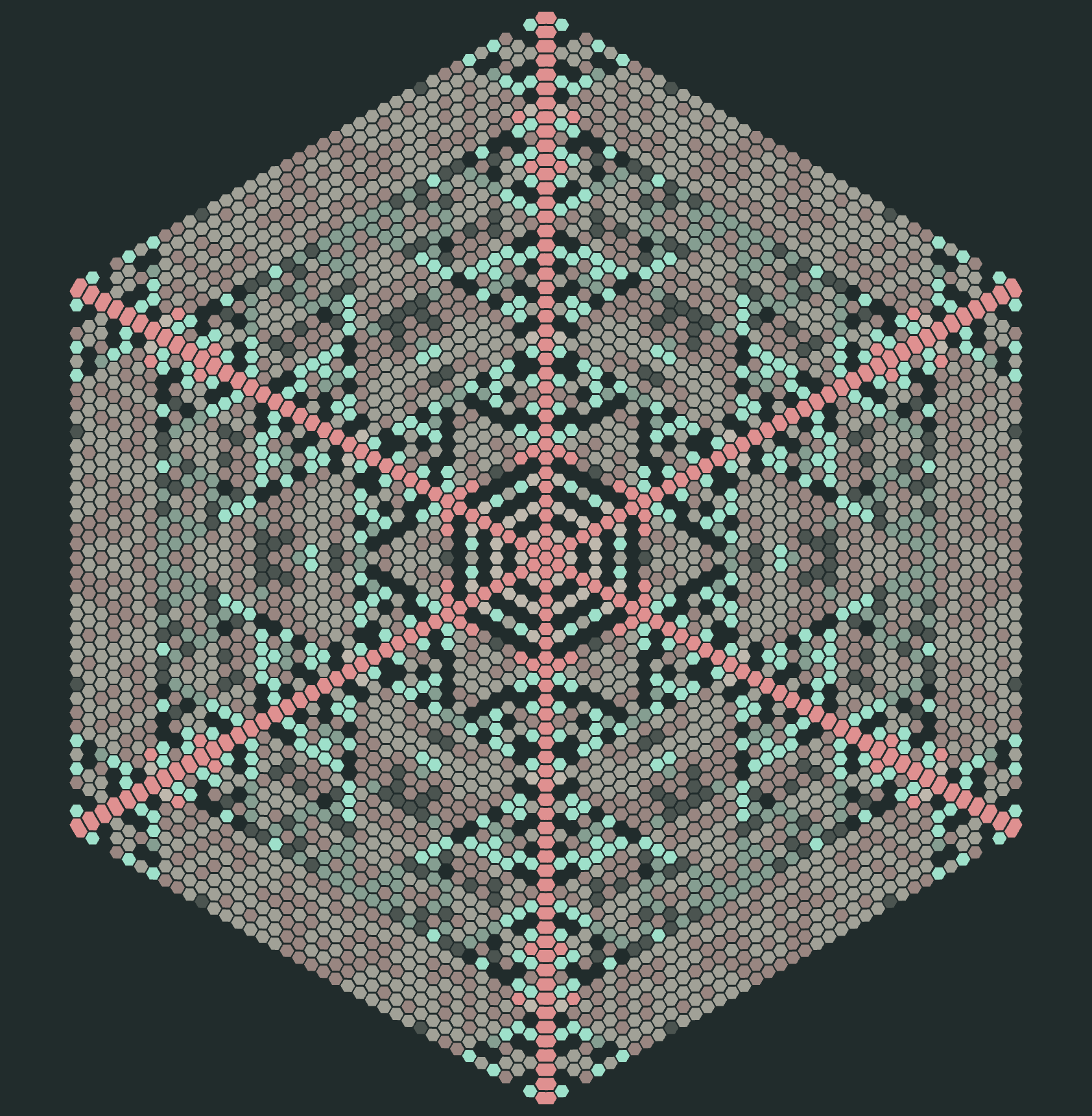 on a dark background a hexagon with symmetrical hexagon tiling with peaches and greens and browns making subtle smaller hexagons and stars within.