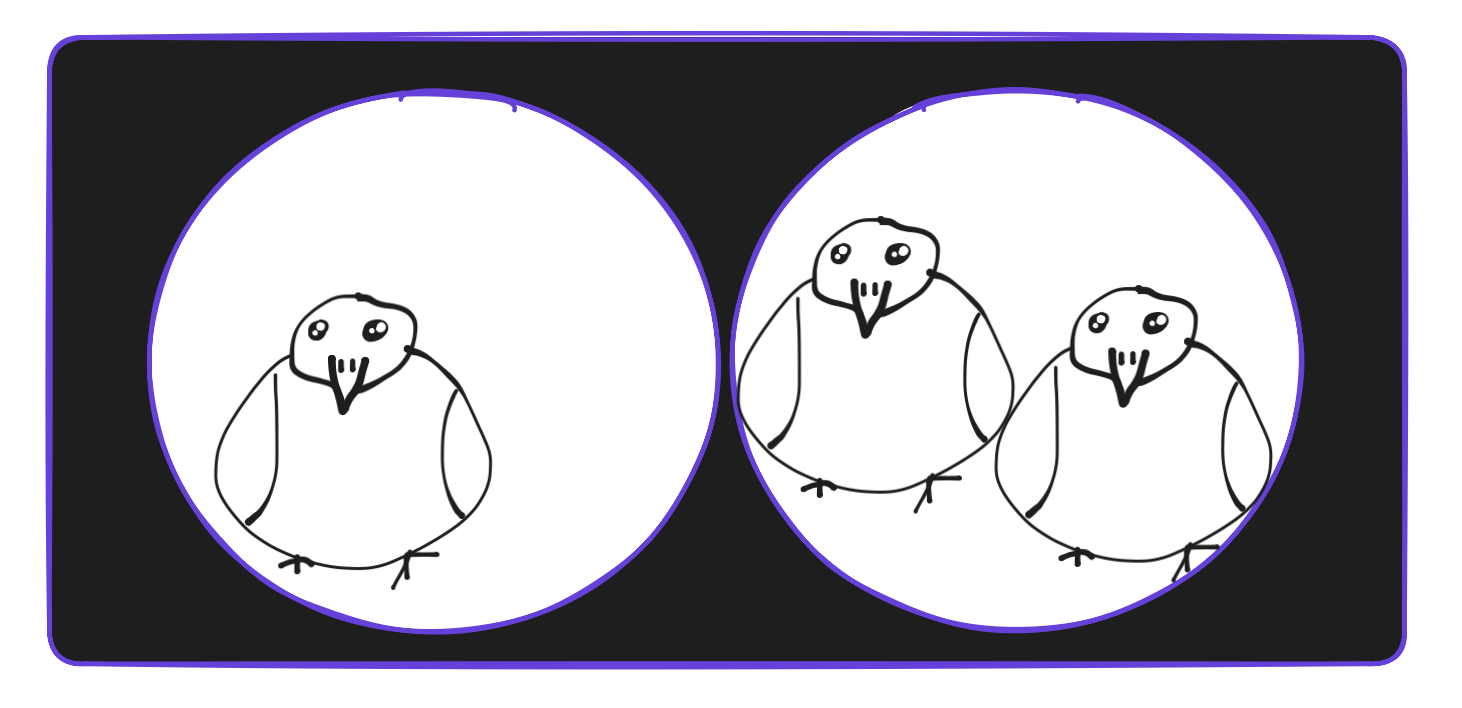 excalidraw illustration of one pigeon in a holw on the left and two pigeons in a hole on the right. 