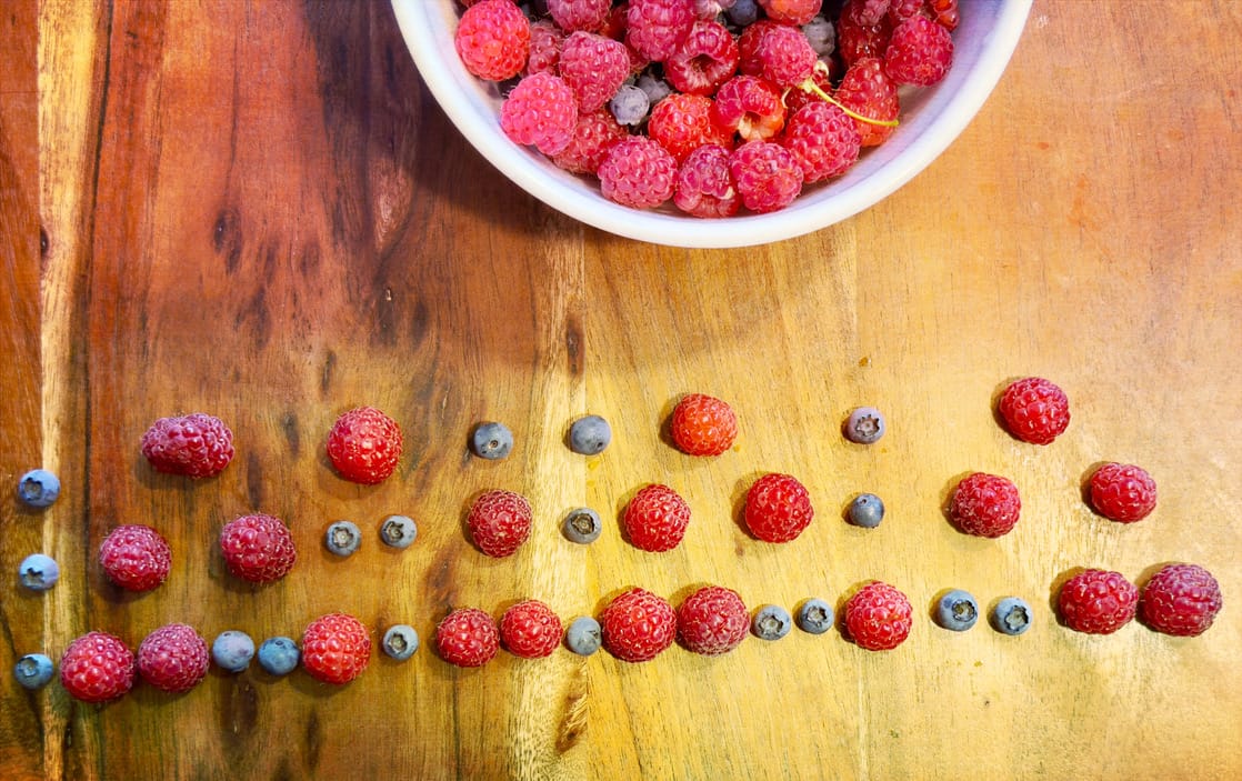 The self-describing sequence made with blueberries as a 1 and raspberries as a 2 with 3 layers and a bowl in site