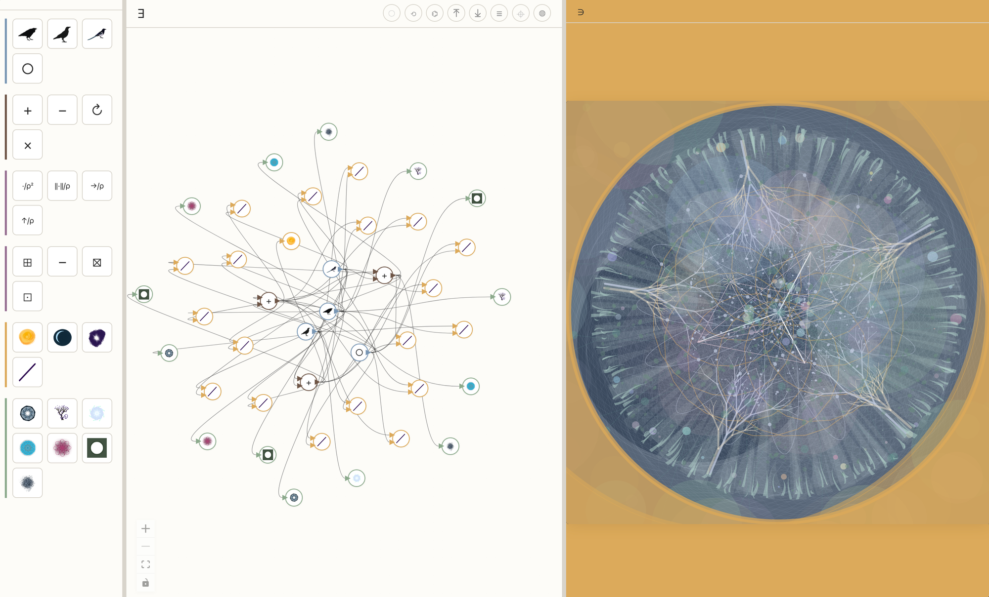 website with node composition on the left and circle clock composition on the right