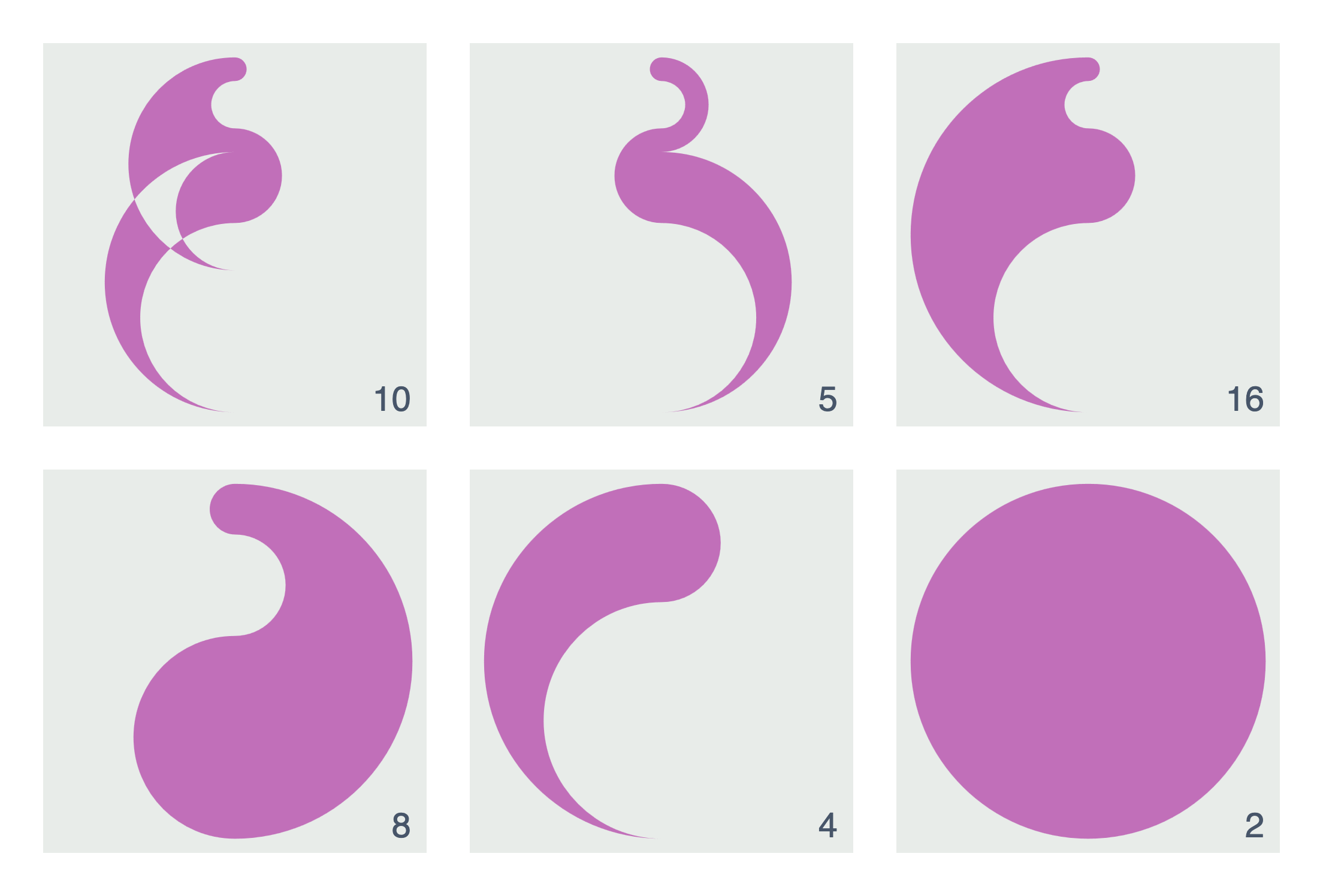 10, 5, 16, 8, 4, 2 numbers in a 3x2 grid in pink with a grey background with similar, yet different shapes.