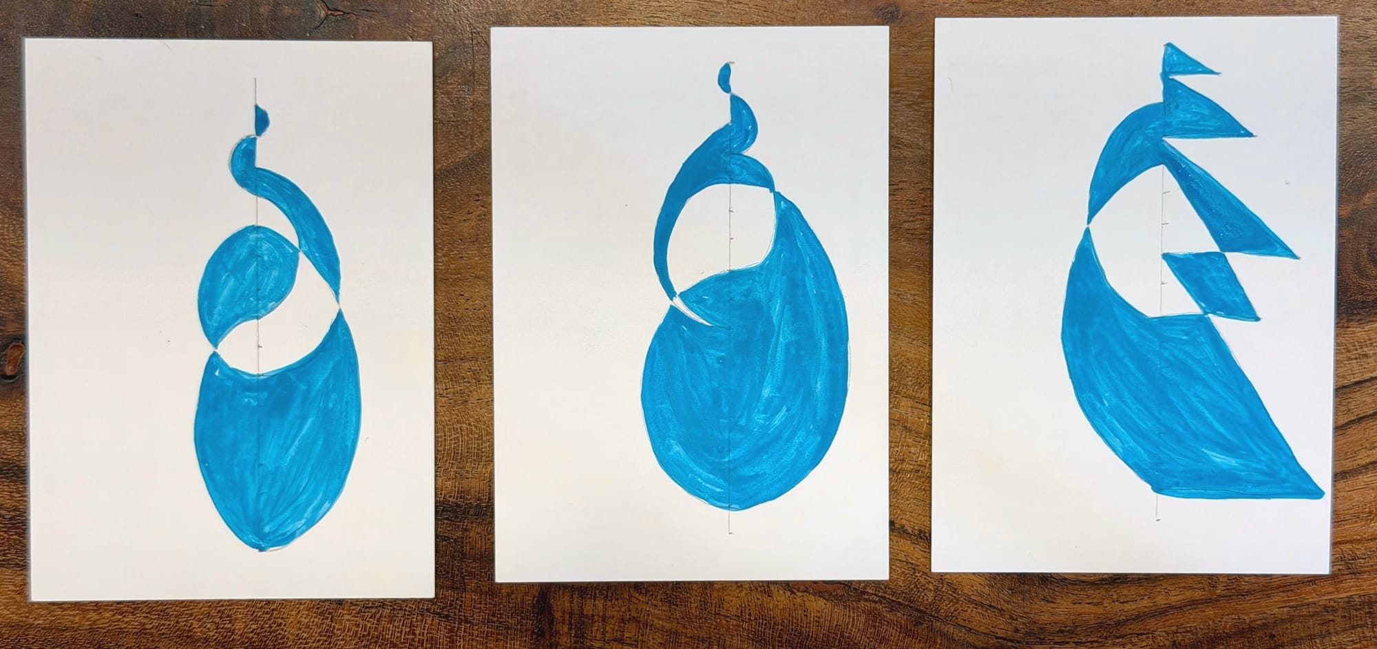the sequence drawn as painted paths and alternate shading where the one on the left alternates back and forth with curves across the numberline, the middle puts evens on the right and odd connections to the left, and the right makes decreases on the right with straight triangles and curves on the left for increases. These are on small trading cards in light blue and white paper.