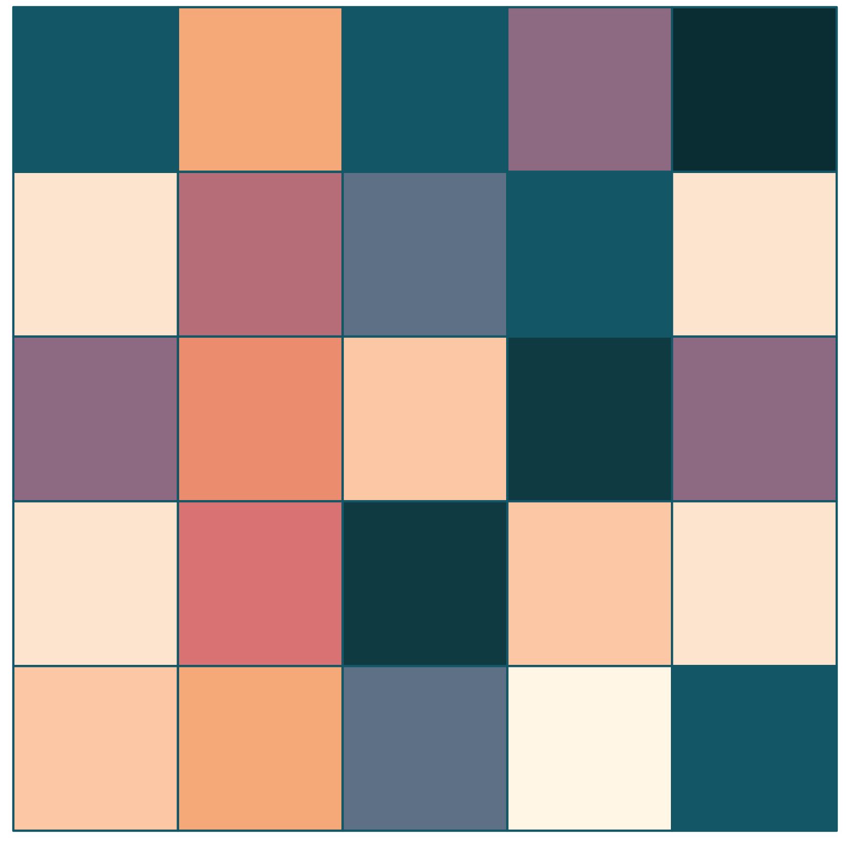 A square split 5x5 with peaches, pinks, teals, and purples.